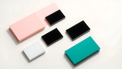 Geometric arrangement of sleek rectangular objects on a neutral surface, showcasing minimalist design.