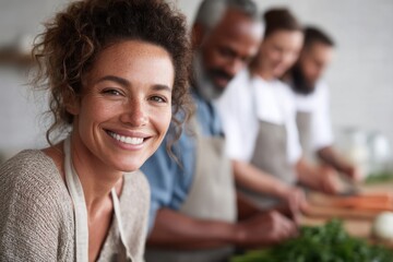 Healthy meal preparation in a bright kitchen promotes heart disease prevention among friends