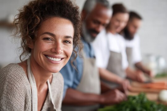 Healthy meal preparation in a bright kitchen promotes heart disease prevention among friends
