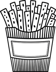 French fries illustration, crispy potato sticks drawing, fast food snack outline, black and white fry pack, vector fries design, junk food clipart, fried potato art
