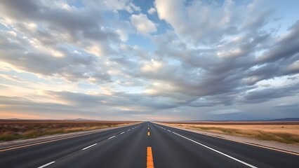 Naklejka premium Panoramic view of an empty road under cloudy skies, capturing a serene and open landscape.