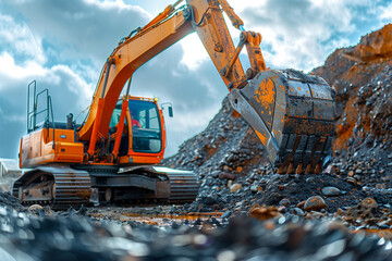 Close-up of orange excavator working at construction site with bucket digging soil and rocks