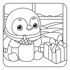 Cute Penguin with Mug and Gift by Snowy Window