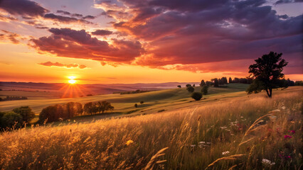 Fototapeta premium Golden sunset over a grassy field with scattered trees and a colorful sky.