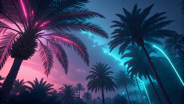 Palm trees illuminated by neon lights against a vibrant pink and blue sky at night.