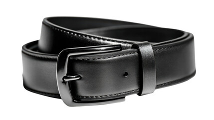 Black leather belt with metal buckle on white isolated background.