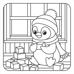Penguin Playing with Blocks Coloring Page