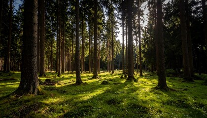 Obraz premium Sunlight filters through a dense forest