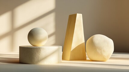 Minimalist still life of abstract geometric shapes in warm beige tones, featuring spheres, cylinder, and prism under soft natural sunlight with shadows