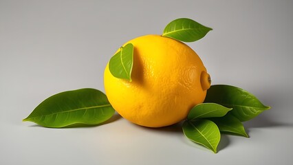 Vibrant yellow lemon with fresh green leaves, highlighted against a light grey background.