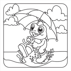 Cartoon Frog with Umbrella in Puddle