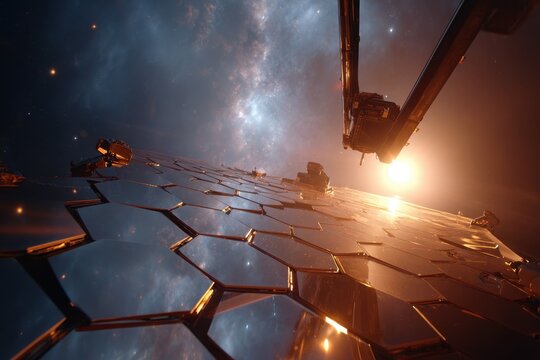 Advanced space observatory with hexagonal mirror array reflecting cosmic light and stars. - Powered by Adobe