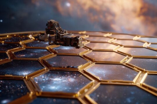 A futuristic robotic arm on golden hexagonal panels reflecting the cosmos.