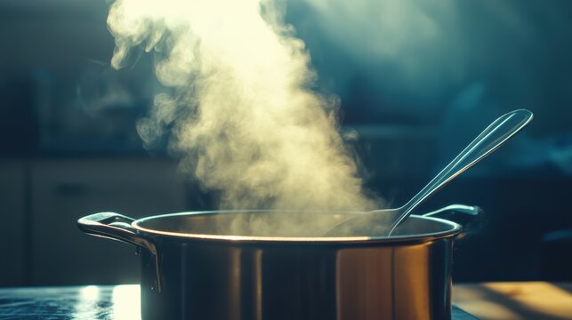 A steaming pot sits on a kitchen counter, emitting vapor in warm light, suggesting a meal in preparation.