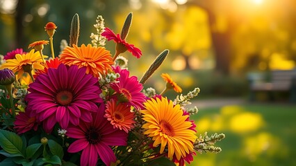 A vibrant floral arrangement in an English park, bathed in morning light with a soft, dewy ambiance.