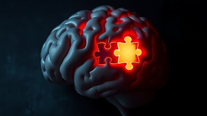 Brain-shaped puzzle with one glowing piece, revealing hidden connections.