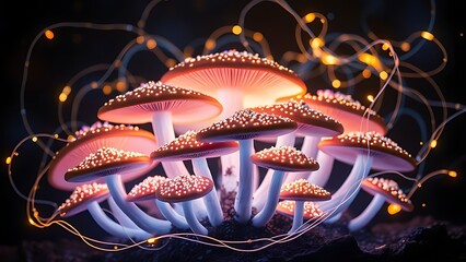 Bioluminescent mushrooms surrounded by swirling light, representing scientific breakthroughs.