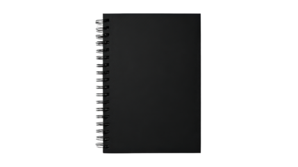 Black spiral-bound notebook, white isolated background.