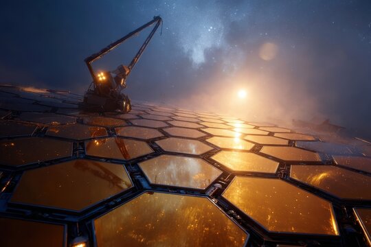 Advanced hexagonal array reflects golden light under a cosmic starry night sky.