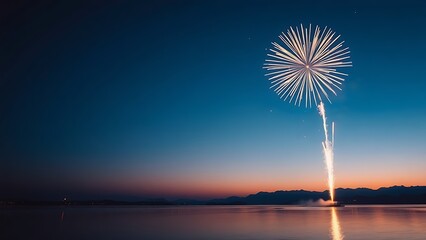 Golden fireworks bursting against a twilight sky, reflecting on a tranquil lake during National Day festivities.