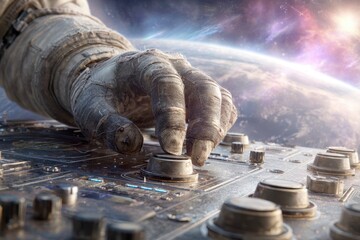 Astronaut's hand on control panel, epic cosmic view of planet and nebula.