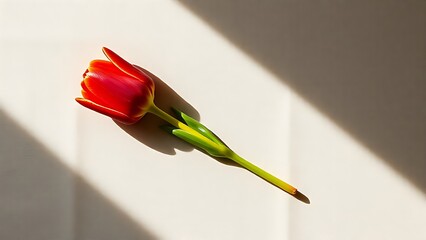A single red tulip in full bloom rests on beige linen, surrounded by soft shadows and negative space.