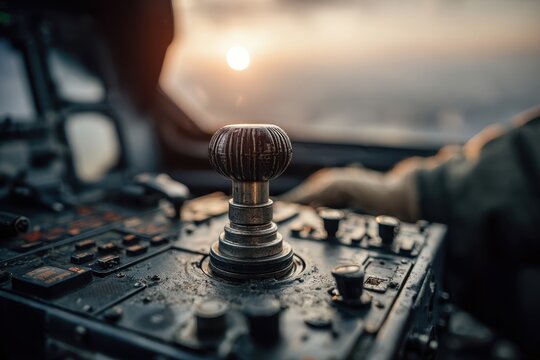 Close-up view of a rugged aircraft cockpit control at sunrise or sunset. - Powered by Adobe