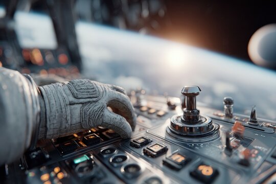 Astronaut operating advanced control panel inside spaceship overlooking Earth. - Powered by Adobe
