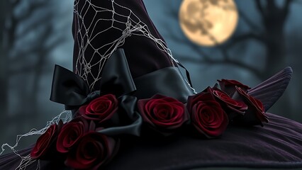 A velvet witch hat adorned with silver cobwebs and black satin ribbon, set against a mysterious moonlit Halloween backdrop.