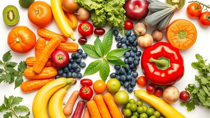 A colorful circular arrangement of fresh fruits and vegetables under soft diffused lighting.