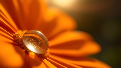 Macro Close-Up of Dewdrop on Orange Marigold Petal in Sunlight