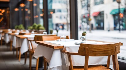 Elegant Restaurant Interior with Tables Set for Dining Service Near Window and Cityscape
