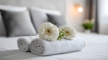 Freshly folded white and gray towels with white hydrangea flowers on a cozy bed in a modern hotel room, creating a relaxing and welcoming atmosphere.