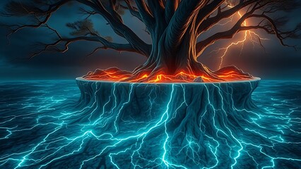 Ancient tree roots glowing beneath a cracked island surface, resembling buried lightning.
