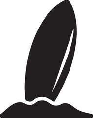 Surfboard standing in sand silhouette, ideal for beach, surfing, and summer lifestyle vector designs.