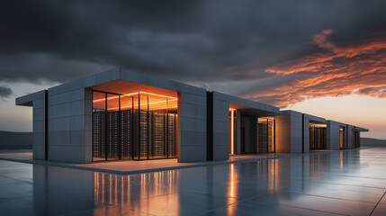 Modern Concrete Exterior Datacenter Building at Sunset Scenery Architecture