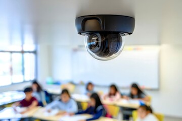 Close up classroom security camera with blurred students in background