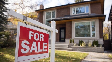 Obraz premium For Sale Sign in Front of a Residential Home, Real Estate Opportunity and Investment