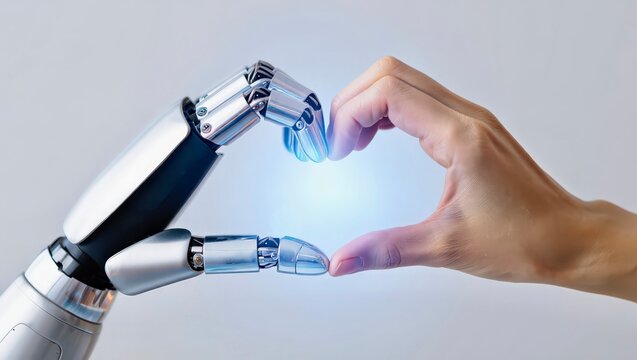 Robot human handshake heart symbol, futuristic AI connection design