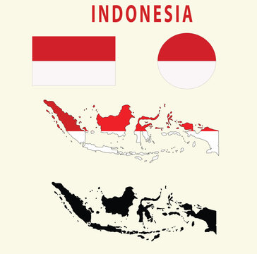Official Indonesia flag set. Map set of icons and different shapes. Flat style. Indonesia flag in circle and rectangle shaped and map in national colour and black.