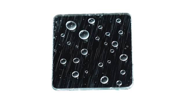 Transparent PNG Water Droplets on Glass, Square Glass Surface with Water Drops, Rain, Condensation, Texture Overlay, Clean and Clear Design Element, Realistic Water Beads
