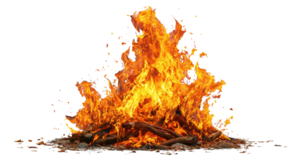 Bright fire flames with glowing embers in a natural setting, symbolizing warmth and energy.