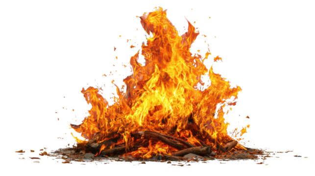 Bright fire flames with glowing embers in a natural setting, symbolizing warmth and energy.