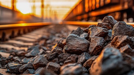 Pile of Railway Stones at Sunset: Transportation Infrastructure and Construction Material for Railroad Tracks