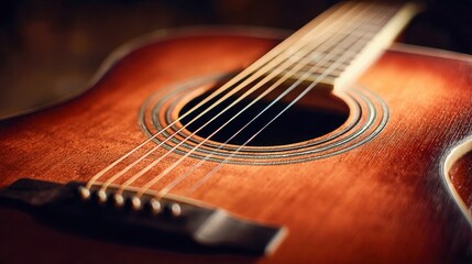 Close-up of Acoustic Guitar Strings and Body, Musical Instrument Detail with Warm Lighting
