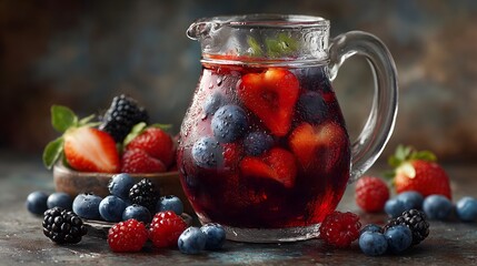 Refreshing Berry Drink in Glass Pitcher