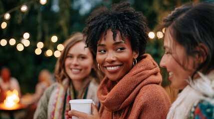 Happy diverse women at autumn outdoor party with string lights and bonfire. Smiling female friends in cozy sweaters enjoying seasonal evening gathering with warm drinks and festive atmosphere.
