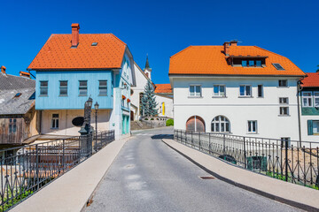 Obraz premium Capuchin's Bridge or Stone Bridge in Skofja Loka Slovenia. Originally built in the 14th century.