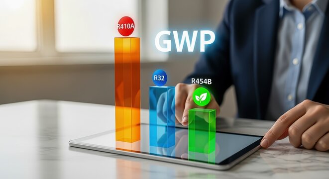 Global Warming Potential Chart Displayed on a Tablet, Focused on Eco-Friendly Refrigerant Solutions and Sustainability