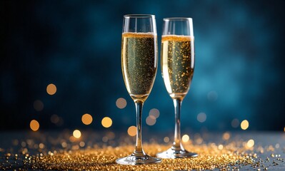 Two elegant flutes filled with golden bubbly liquid stand on a sparkling glitter base, set against a festive bokeh background.